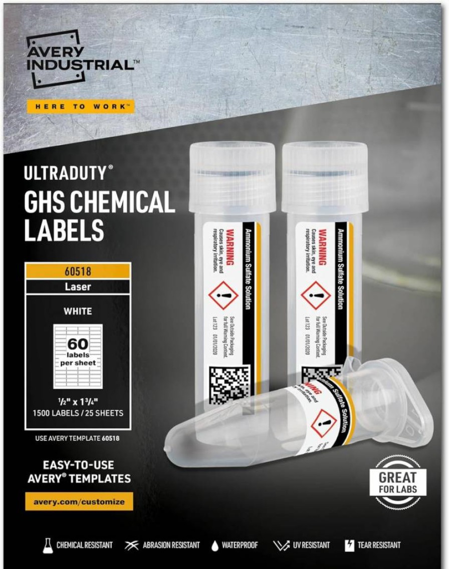 Avery Ultraduty GHS Chemical Labels for Laser Printers - 0.5" x 1.75" Waterproof, UV Resistant, 1,500-Pack (60518) | Durable Safety Labels for Hazardous Chemicals