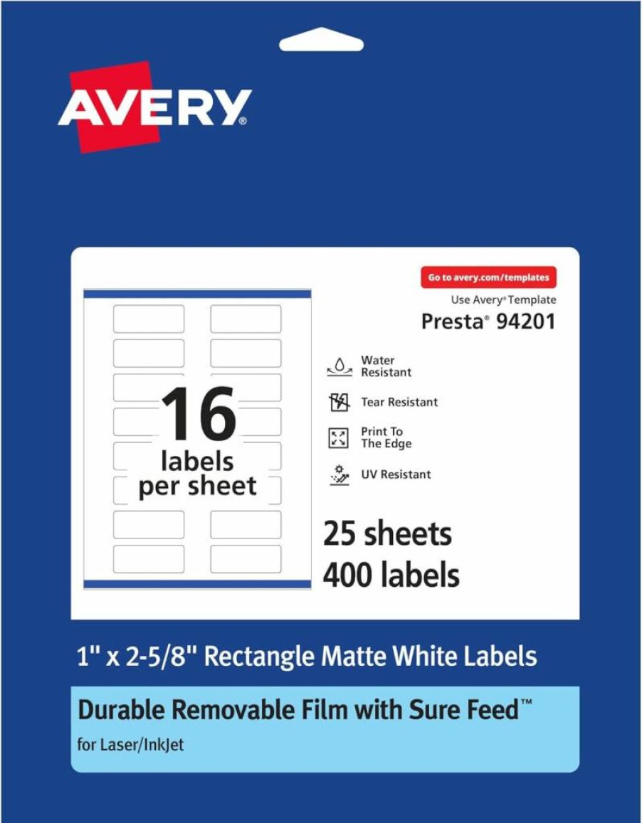 Avery Removable Labels 1" x 2-5/8" - Matte White, Water-Resistant, Laser/Inkjet Printable, 400 Labels, Sure Feed Technology