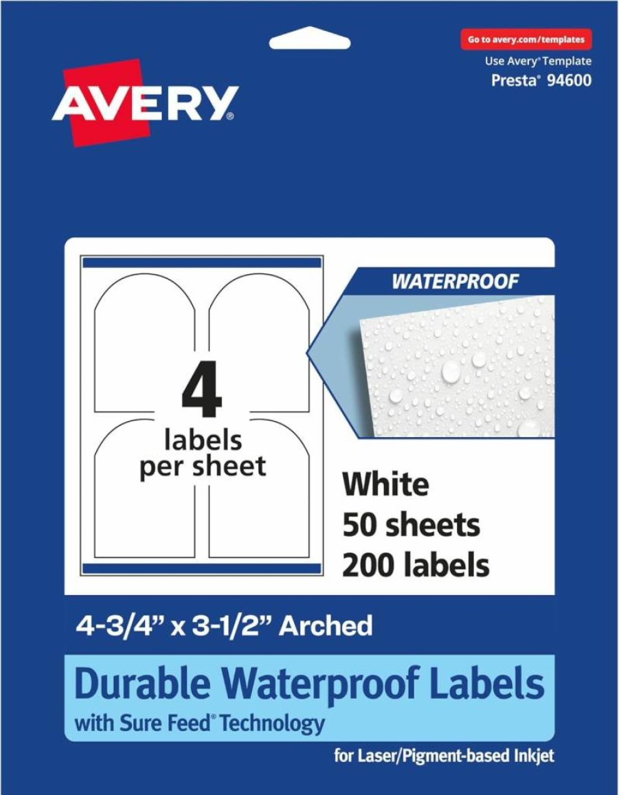 Avery Sure Feed Waterproof Labels 4.75" x 3.5" - 40 Pack, Durable Tear-Resistant for Laser/Inkjet Printers, Print-To-The-Edge Design