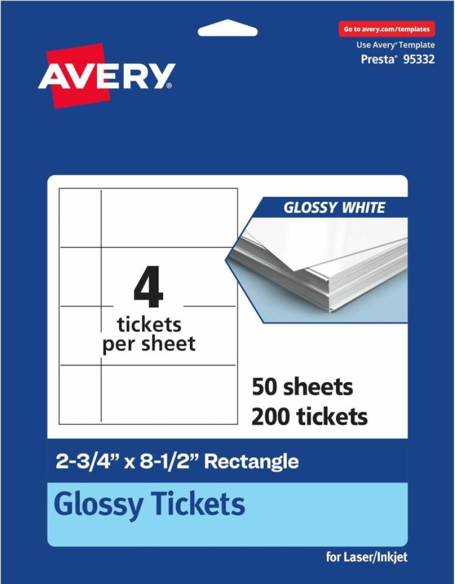 Avery Glossy White Printable Tickets, 2.75" x 8.5" Rectangle Cardstock, Laser/Inkjet Compatible, 100-Pack