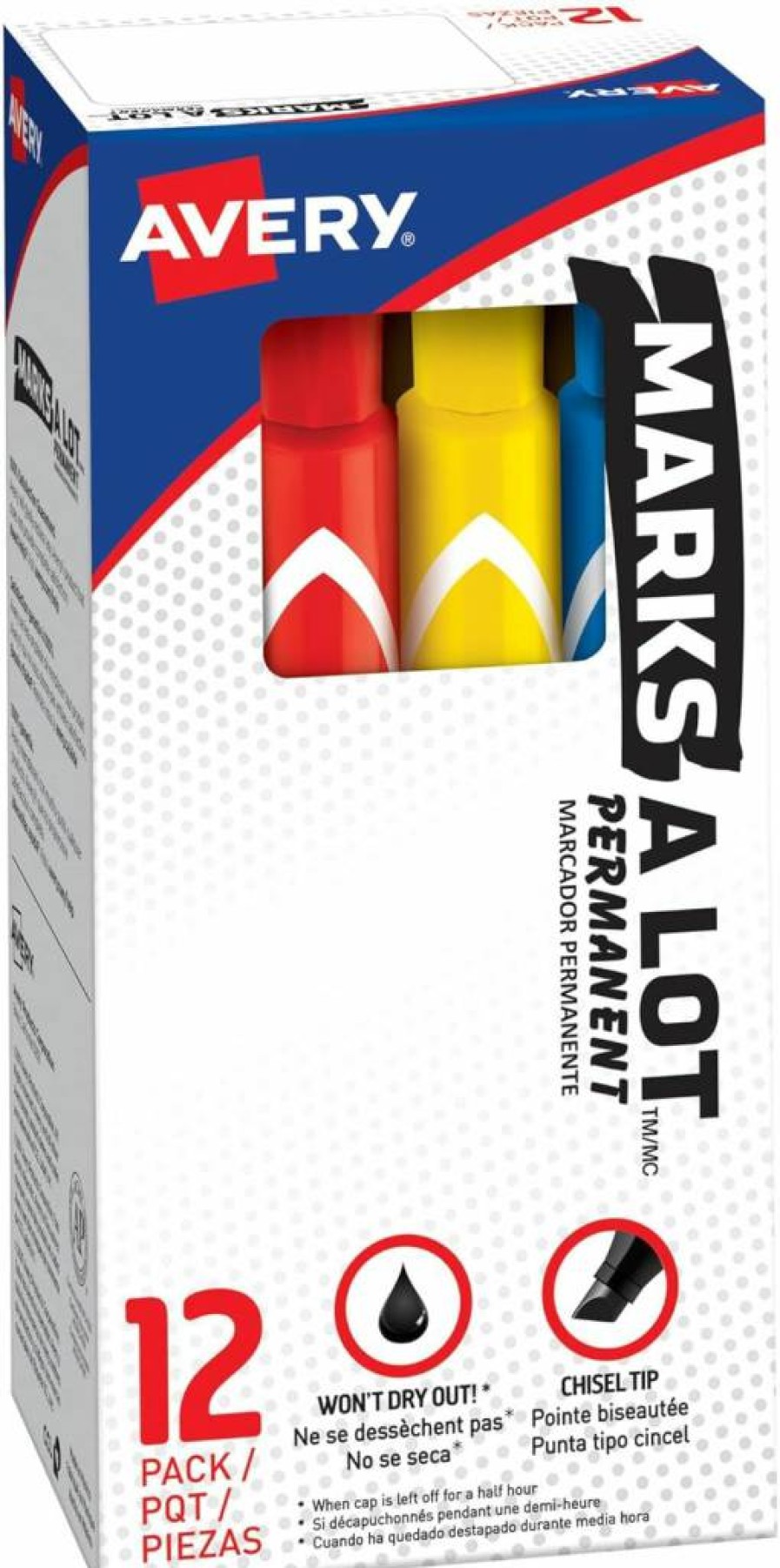 Avery Marks-A-Lot Permanent Markers - 12 Pack, Chisel Tip, Assorted Colors, Waterproof & Wear-Resistant, Large Desk-Style Markers for Office & School (24800)