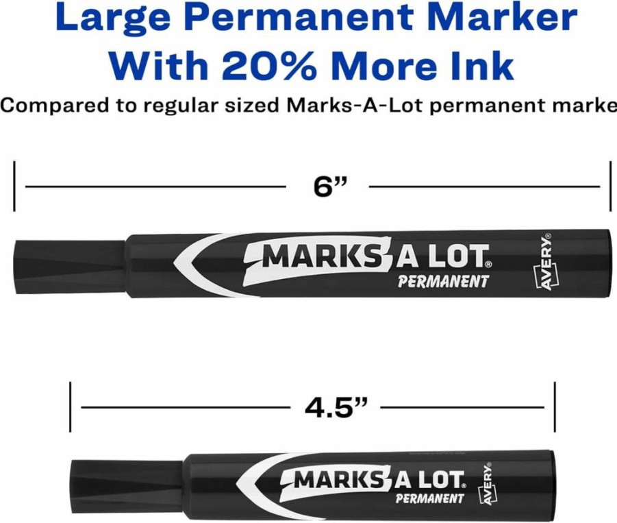 Avery Marks-A-Lot Permanent Markers - 12 Pack, Chisel Tip, Assorted Colors, Waterproof & Wear-Resistant, Large Desk-Style Markers for Office & School (24800)