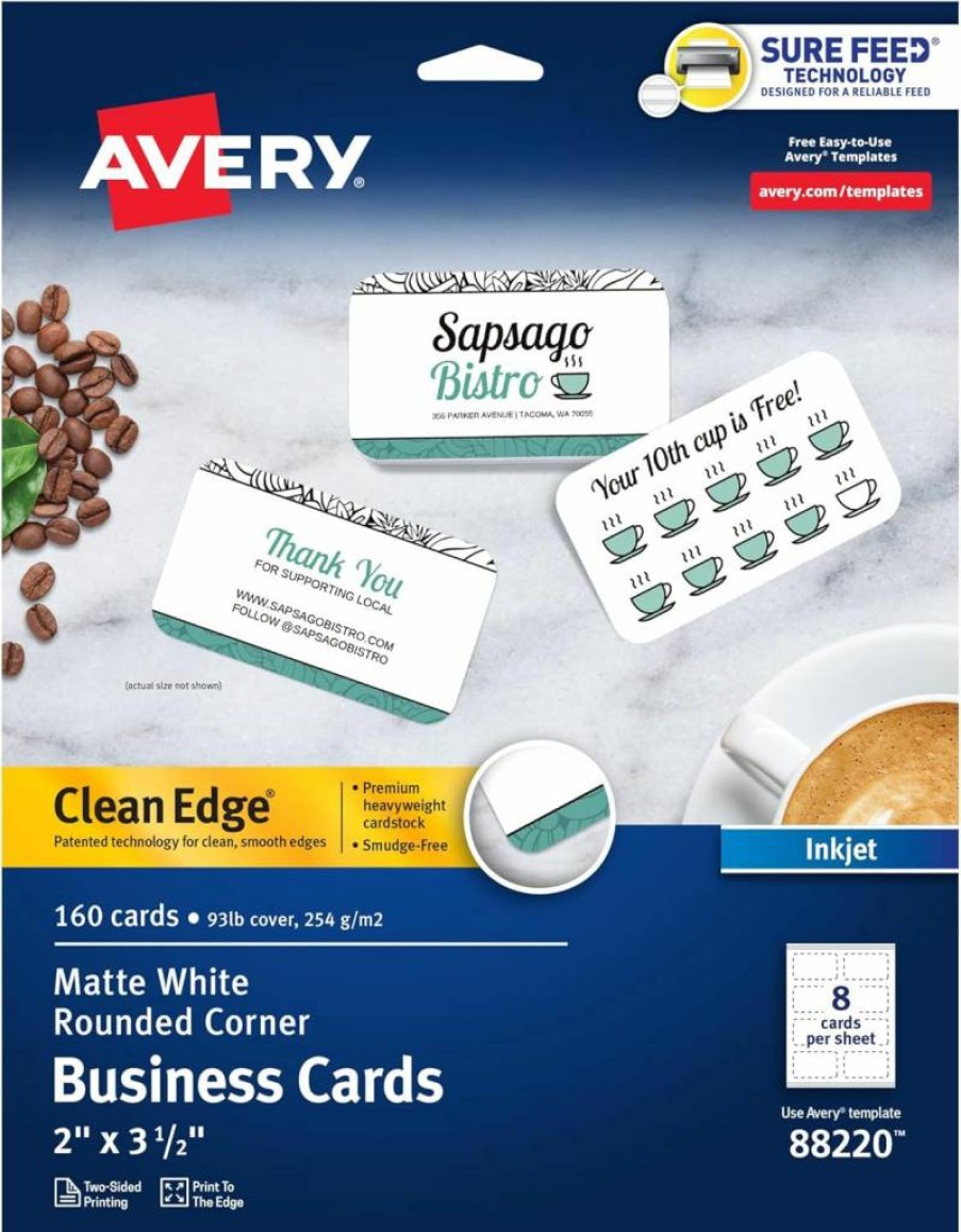 AVERY 88220 Printable Business Cards - 2" x 3.5" White Blank Rounded Corner Cards for Inkjet Printers, Sure Feed Technology, 160 Sheets/Carton