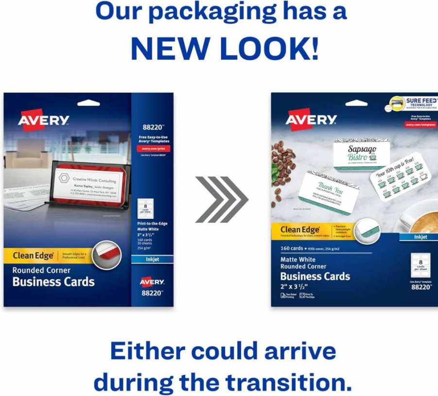 AVERY 88220 Printable Business Cards - 2" x 3.5" White Blank Rounded Corner Cards for Inkjet Printers, Sure Feed Technology, 160 Sheets/Carton