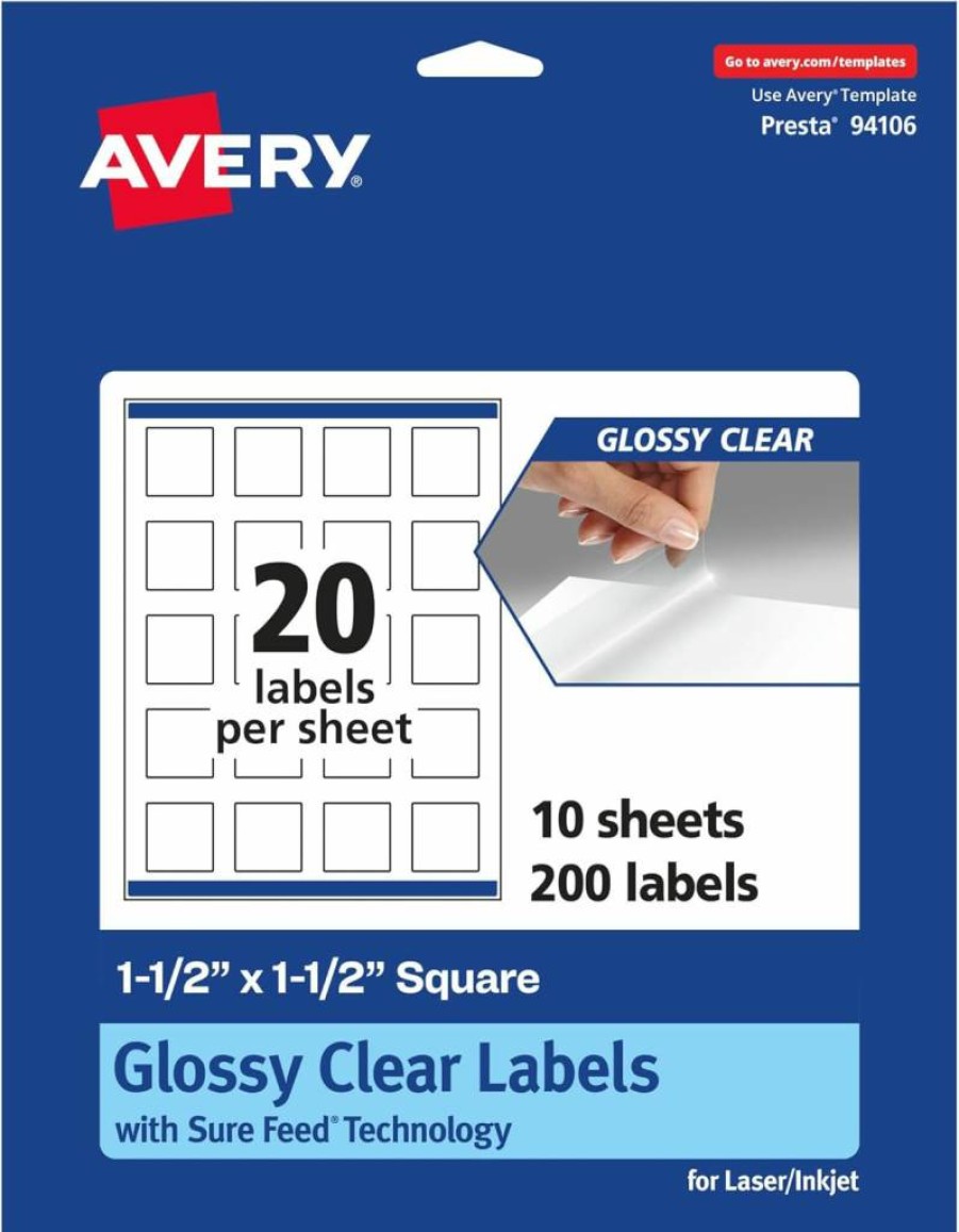 Avery Glossy Clear Square Labels 1.5" x 1.5" - 200 Pack, Sure Feed for Laser/Inkjet Printers, Edge-to-Edge Printing, High-Quality Glossy Finish
