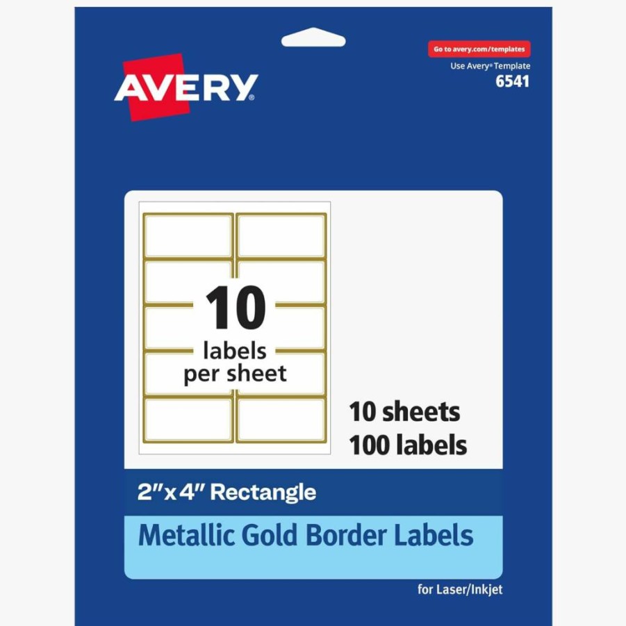 AVERY 6541 Printable 2" x 4" Blank Labels, Matte White with Metallic Gold Border, Permanent Adhesive, Laser/Inkjet Compatible, 100 Count for Shipping & Organization