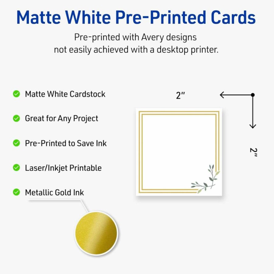AVERY Printable Square Cards 2"x2" - 120ct Matte White, Gold Dots & Green Florals Design for Business Promotion, Laser/Inkjet Compatible