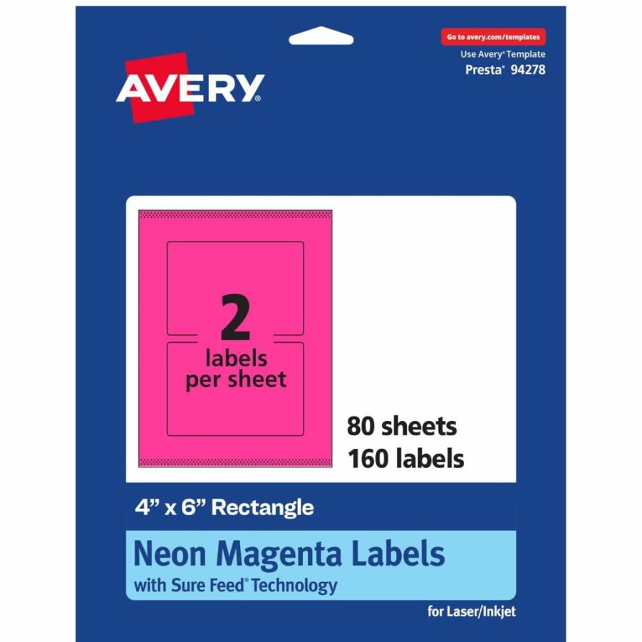 Avery Neon Magenta Printable Labels 4" x 6" - 20 Pack, Sure Feed Technology, Laser/Inkjet Compatible, Print-To-The-Edge for Shipping & Packaging