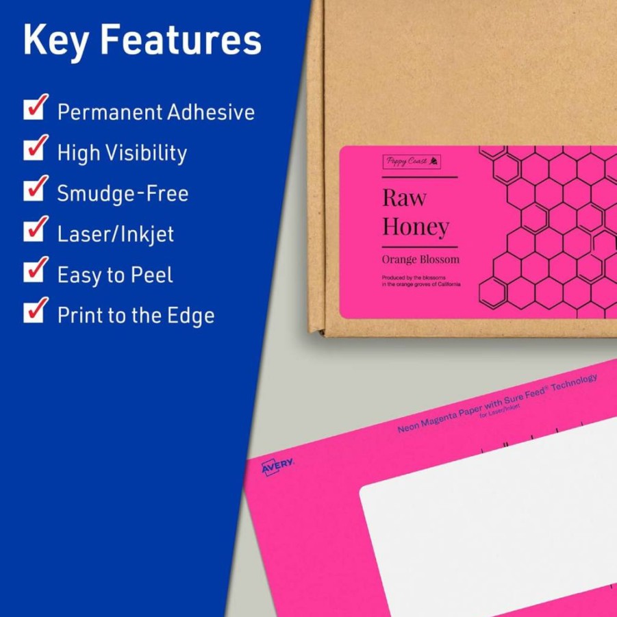 Avery Neon Magenta Printable Labels 4" x 6" - 20 Pack, Sure Feed Technology, Laser/Inkjet Compatible, Print-To-The-Edge for Shipping & Packaging
