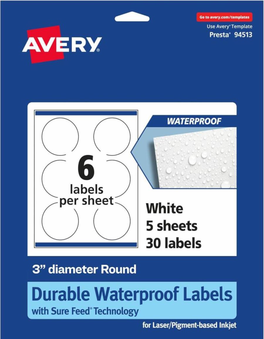 Avery Round Waterproof Labels 3" Diameter, 150-Pack, Sure Feed Technology, Oil & Tear-Resistant, Laser/Inkjet Printable