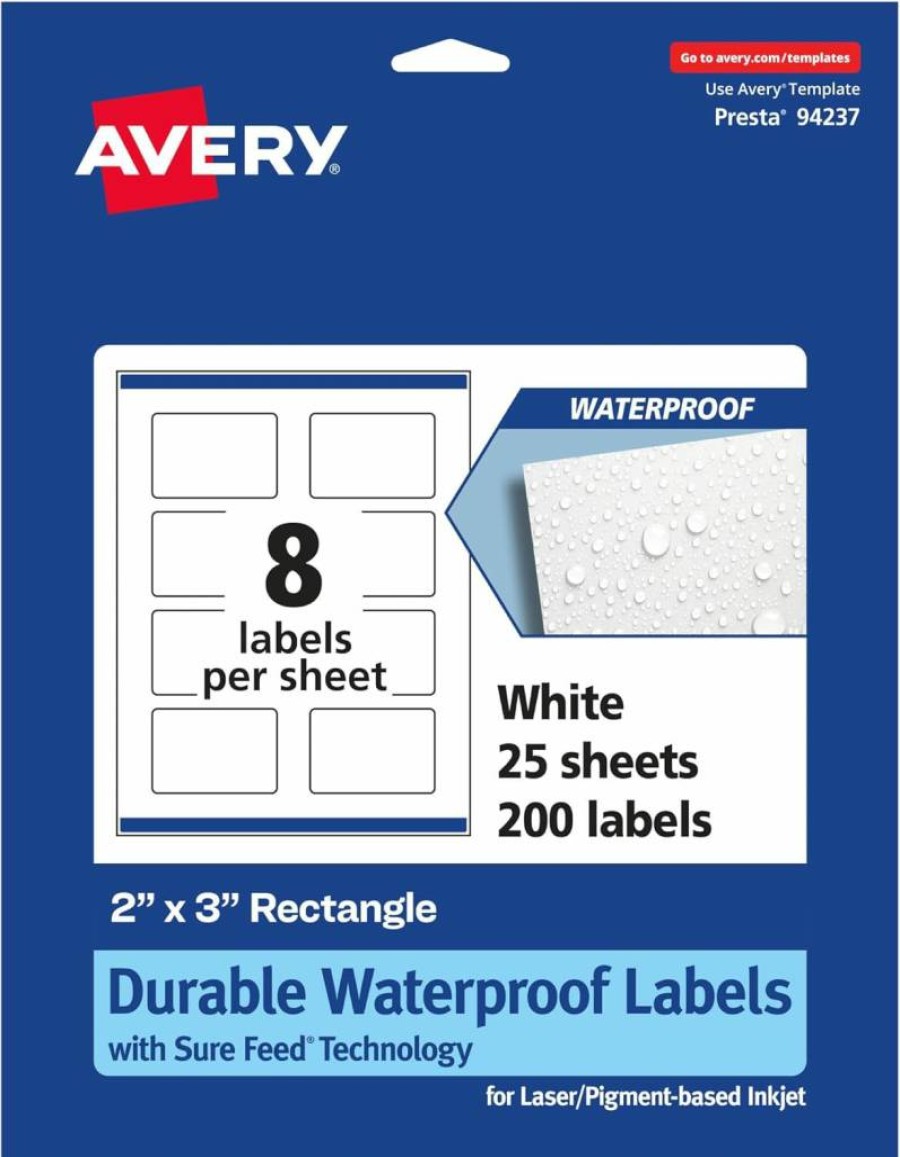 Avery 2" x 3" Waterproof Rectangle Labels, 80-Pack, Sure Feed Technology, Oil & Tear-Resistant, Laser/Inkjet Printable, Print-To-The-Edge Design