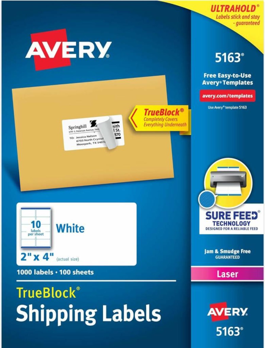 Avery 5963 Printable Shipping Labels, 2" x 4" White Blank Mailing Stickers, 2,500 Adhesive Labels for Shipping, Mailing & Packaging, Sure Feed Technology