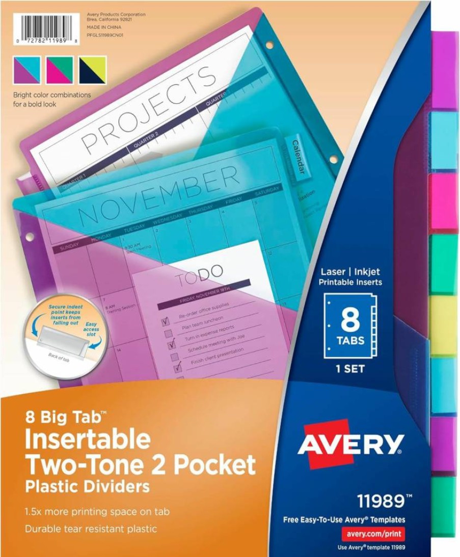 Avery 2-Pocket Plastic Dividers with 8 Tabs for 3-Ring Binders, Multicolor Bright Two-Tone Set, Compatible with Sheet Protectors (11989)