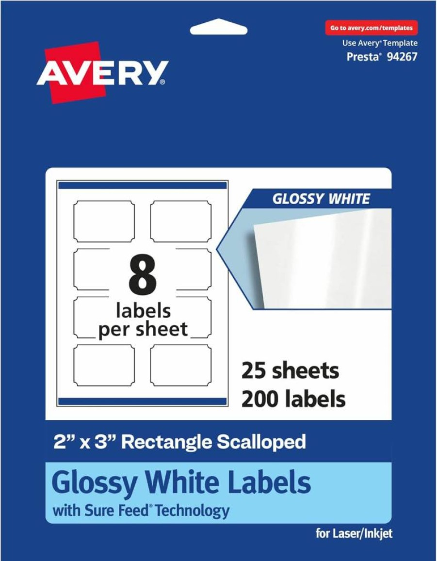 Avery Glossy White 2" x 3" Scalloped Rectangle Labels, 80-Pack, Sure Feed Technology, Print-to-the-Edge, Permanent Adhesive, Laser/Inkjet Printable