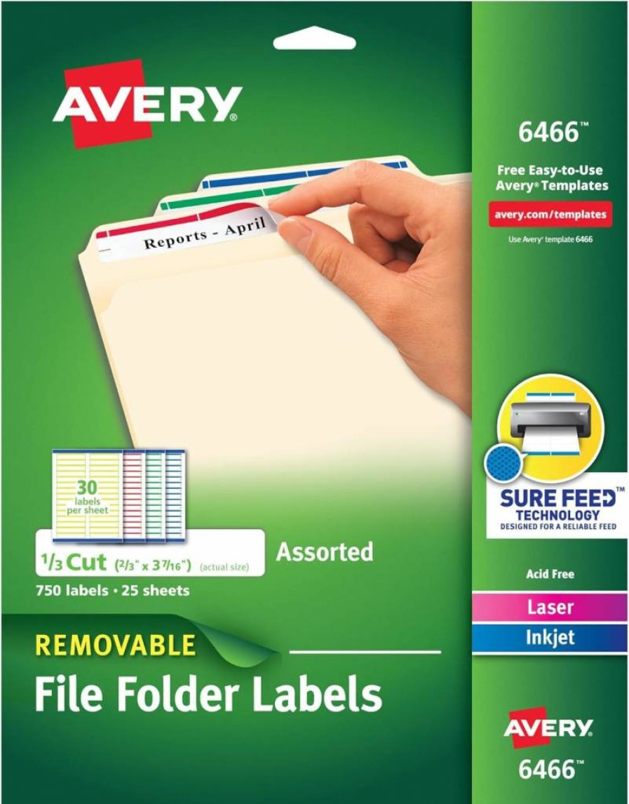 Avery 6466 Removable File Folder Labels, 2/3" x 3-7/16", 750 Printable Sure Feed Labels, Assorted Colors