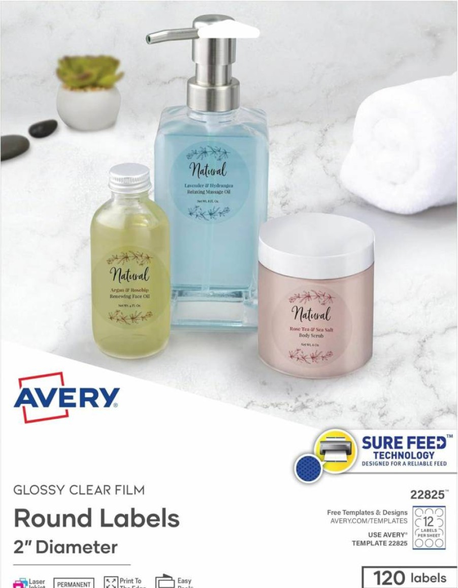 Avery 22825 Glossy Clear Round Labels, 2" Diameter, 120-Pack Printable Customizable Labels with Sure Feed Technology