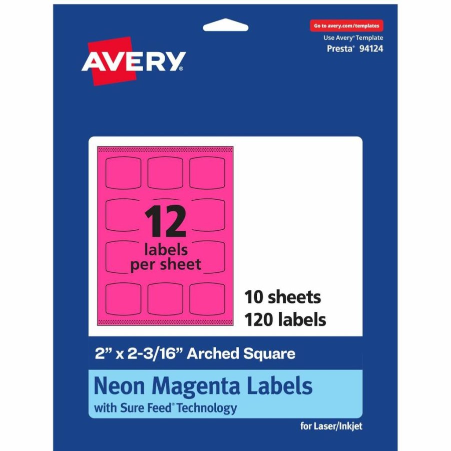 AVERY Neon Magenta Printable Labels 2" x 2-3/16" - Sure Feed Technology, 120 Pack, Laser/Inkjet Compatible, Print-To-The-Edge for Cosmetics, Soaps, Crafts