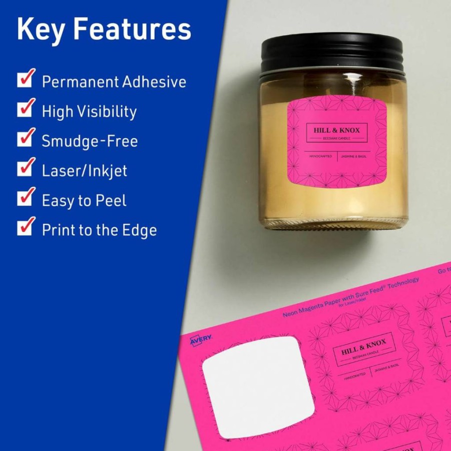 AVERY Neon Magenta Printable Labels 2" x 2-3/16" - Sure Feed Technology, 120 Pack, Laser/Inkjet Compatible, Print-To-The-Edge for Cosmetics, Soaps, Crafts