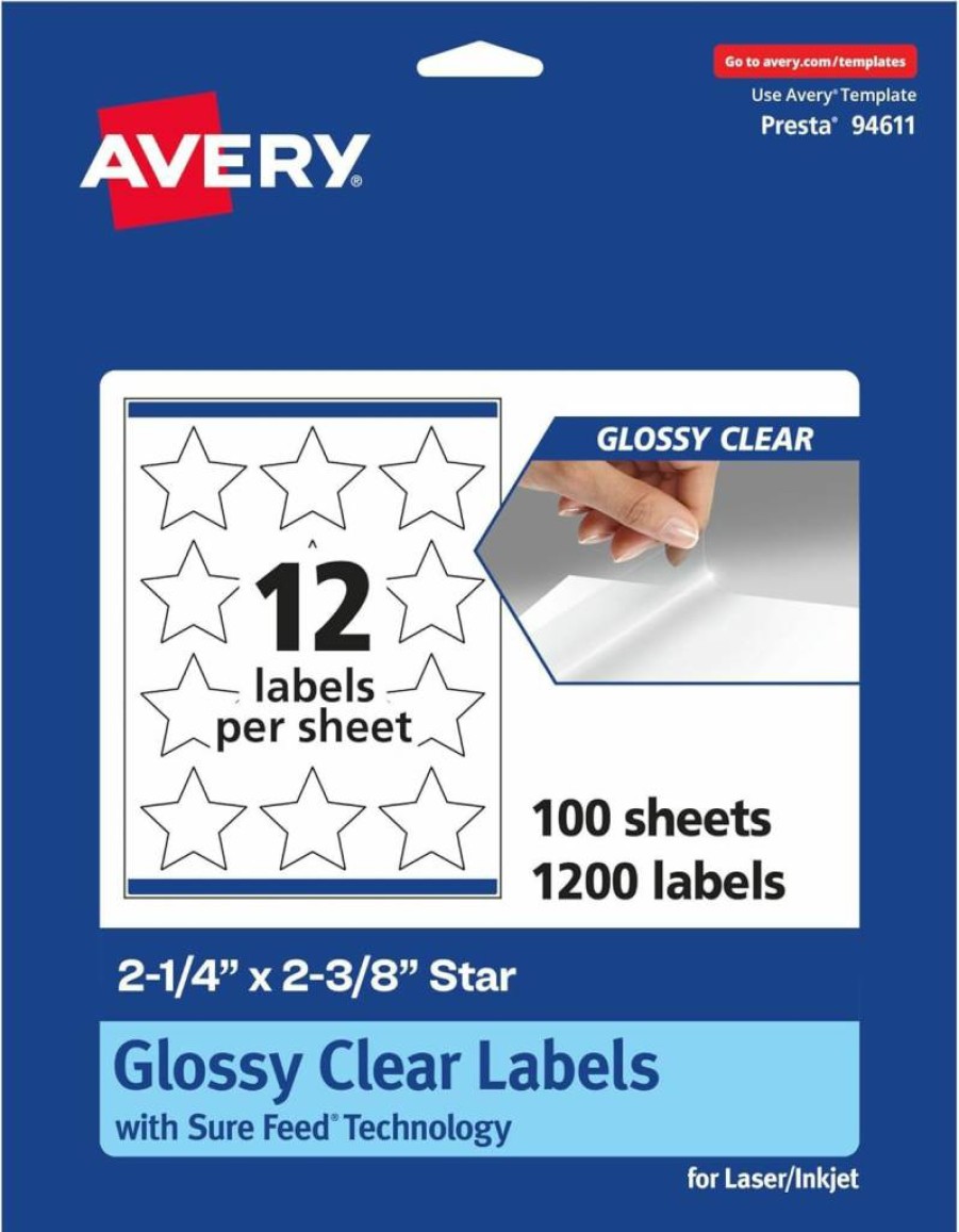 Avery Glossy Clear Star Labels 2.25" x 2.375" - 120 Pack, Sure Feed Technology, Print-to-the-Edge for Laser/Inkjet Printers
