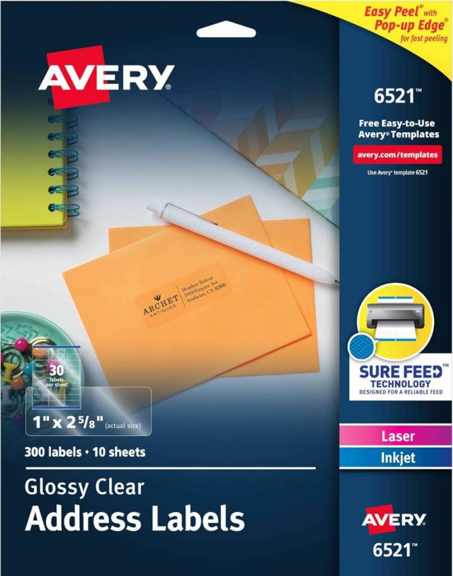 AVERY 6521 Glossy Clear Address Labels, 1" x 2-5/8", Sure Feed Technology, Compatible with Laser & Inkjet Printers, 5 Packs of 300 Labels (Total 1500 Labels)