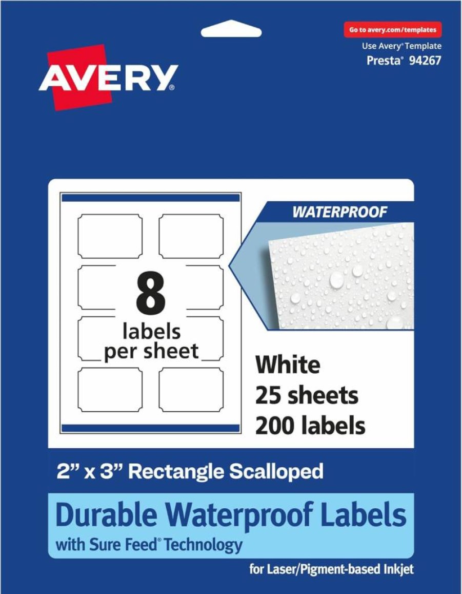 Avery 2" x 3" Waterproof Scalloped Labels, 200-Pack, Sure Feed Technology, Tear & Oil Resistant, Edge-to-Edge Printing, Laser/Inkjet Compatible