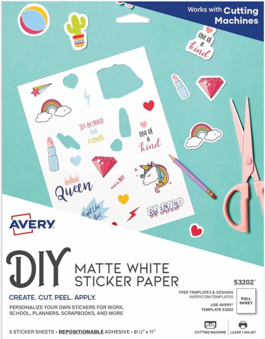 AVERY Printable Repositionable Sticker Paper, 8.5" x 11" Matte White Label Sheets, 5-Pack for Laser/Inkjet Printing, DIY Crafts, Product Branding & Custom Stickers (53202)