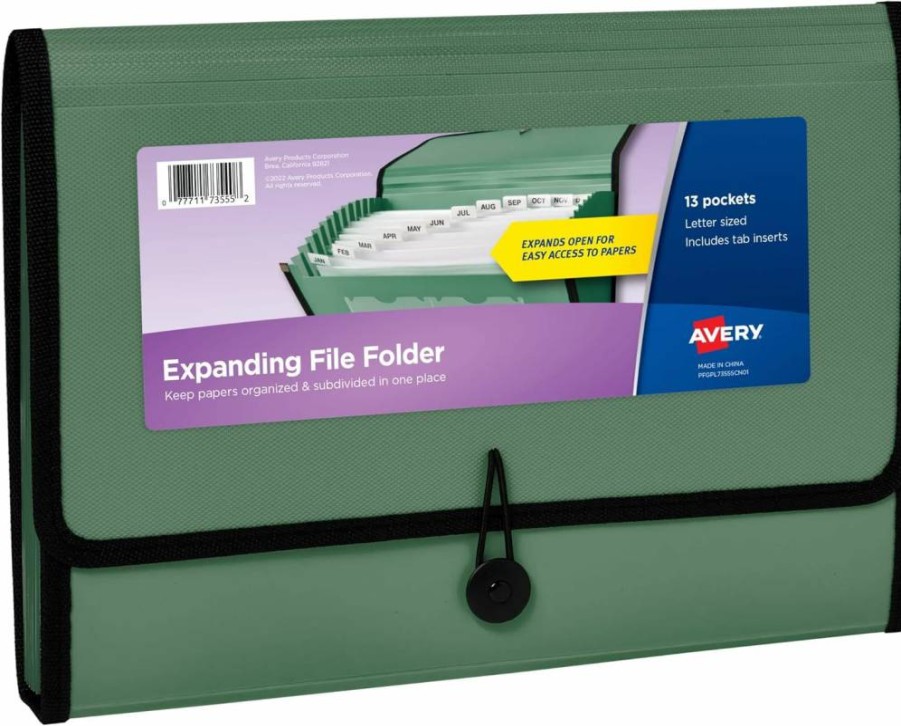 Avery 73555 13-Pocket Expanding File Folder Organizer, Sage Green, Holds 425 Letter/A4 Sheets, Accordion Document Organizer