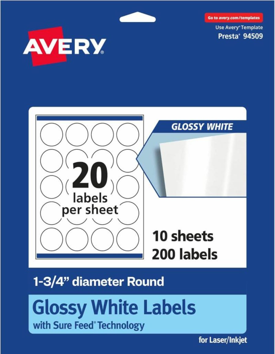 Avery Glossy White Round Labels 1.75" Diameter, 200-Pack, Sure Feed Technology, Permanent Adhesive, Laser/Inkjet Printable, Print-To-The-Edge Design