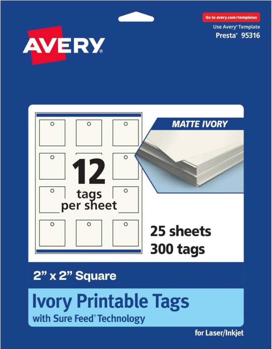 AVERY Matte Ivory Printable Square Tags 2"x2", 300-Pack, Sure Feed Technology for Laser/Inkjet Printers, Custom Gift & Branding Tags, Print-To-The-Edge Design