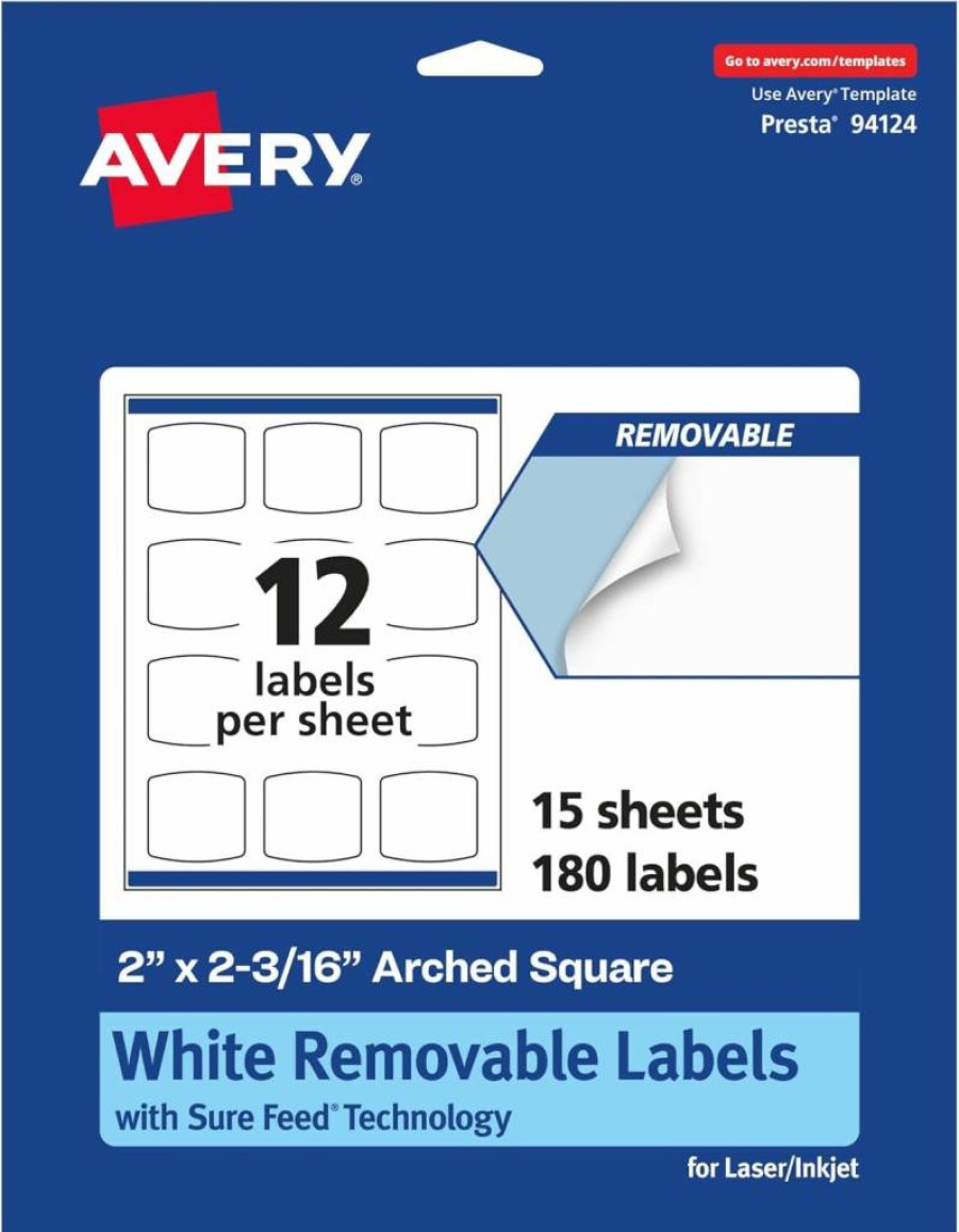 Avery Matte White Removable Labels, 2" x 2-3/16" Arched Square, Sure Feed Technology, Print to Edge, 180-Pack for Laser/Inkjet Printers