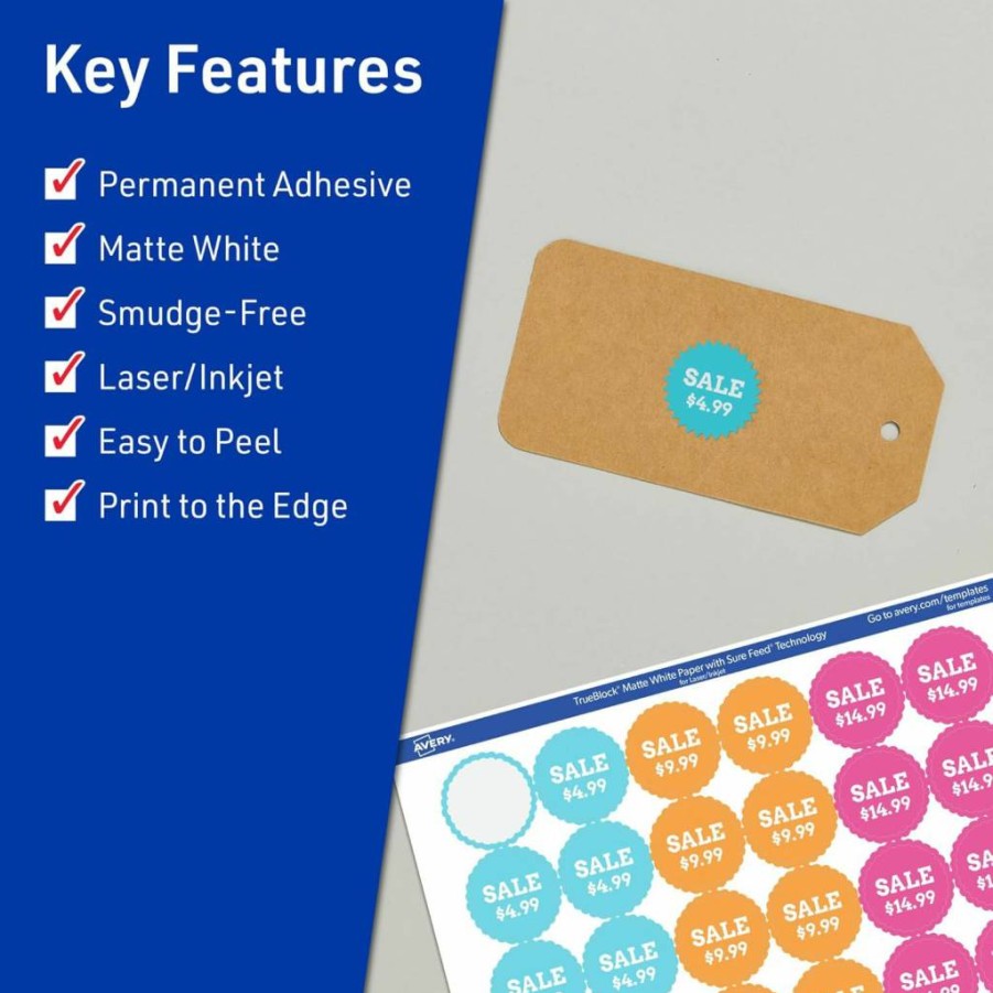 Avery TrueBlock 1" Matte White Starburst Labels, 480-Pack, Sure Feed Technology, Print-to-Edge Design, Laser/Inkjet Printable for Packaging & Product Branding