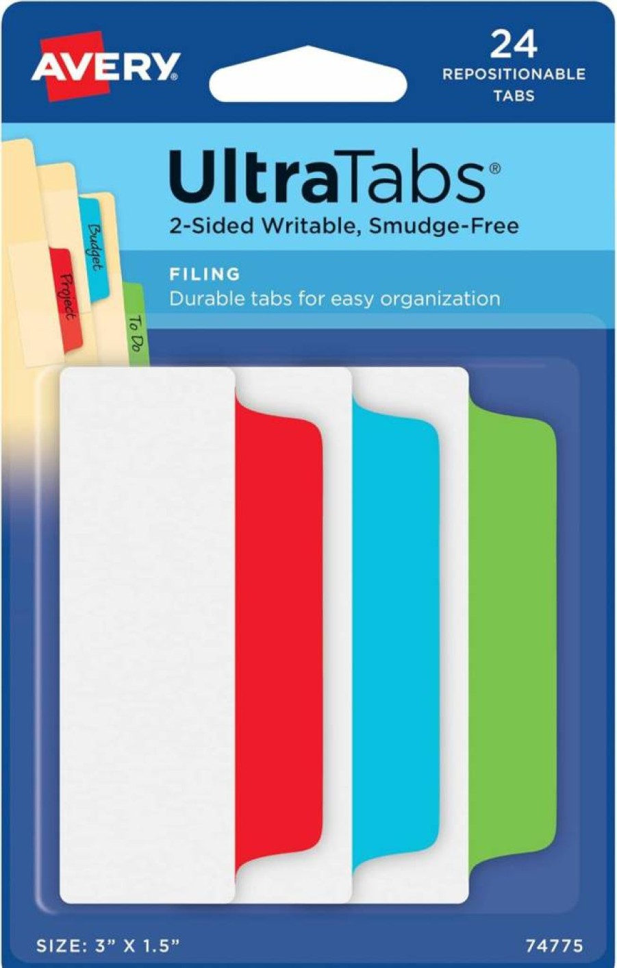 AVERY 74776 Repositionable File Tabs, 3x1.5 Inch White Ultra Tabs, 2-Sided Writable, 24-Pack for Organizing Files