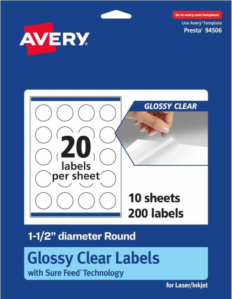 Avery 1.5" Round Glossy Clear Labels - 200 Pack, Print-to-Edge, Sure Feed Technology, Compatible with Laser & Inkjet Printers