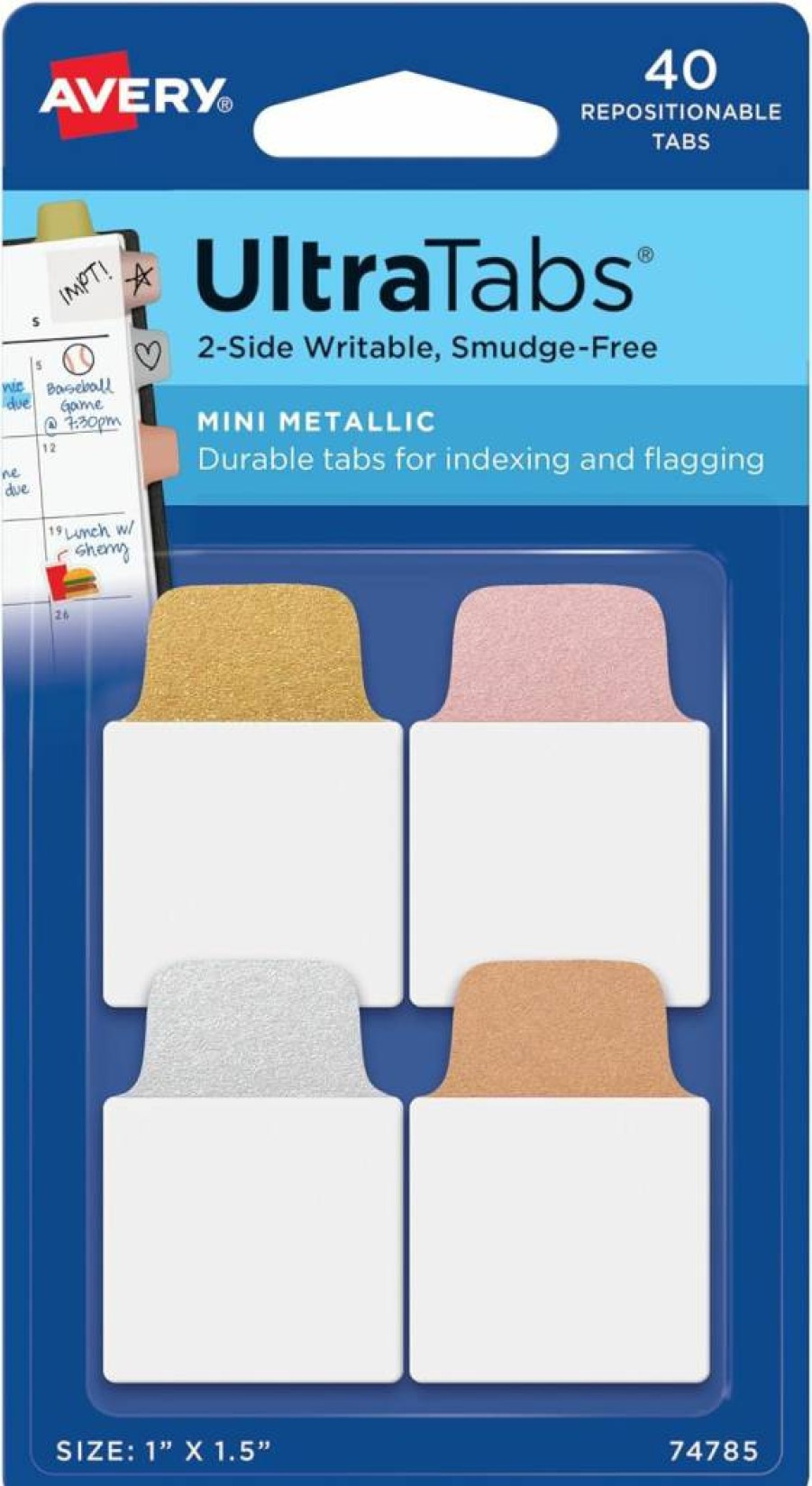 Avery 74785 Repositionable Metallic Tabs, 1" x 1.5", 2-Side Writable, Assorted Colors, 40-Pack