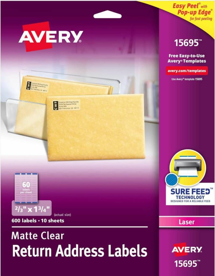 Avery 15695 Printable Return Address Labels, 2/3" x 1-3/4", Matte Clear, 600 Blank Mailing Labels with Sure Feed Technology