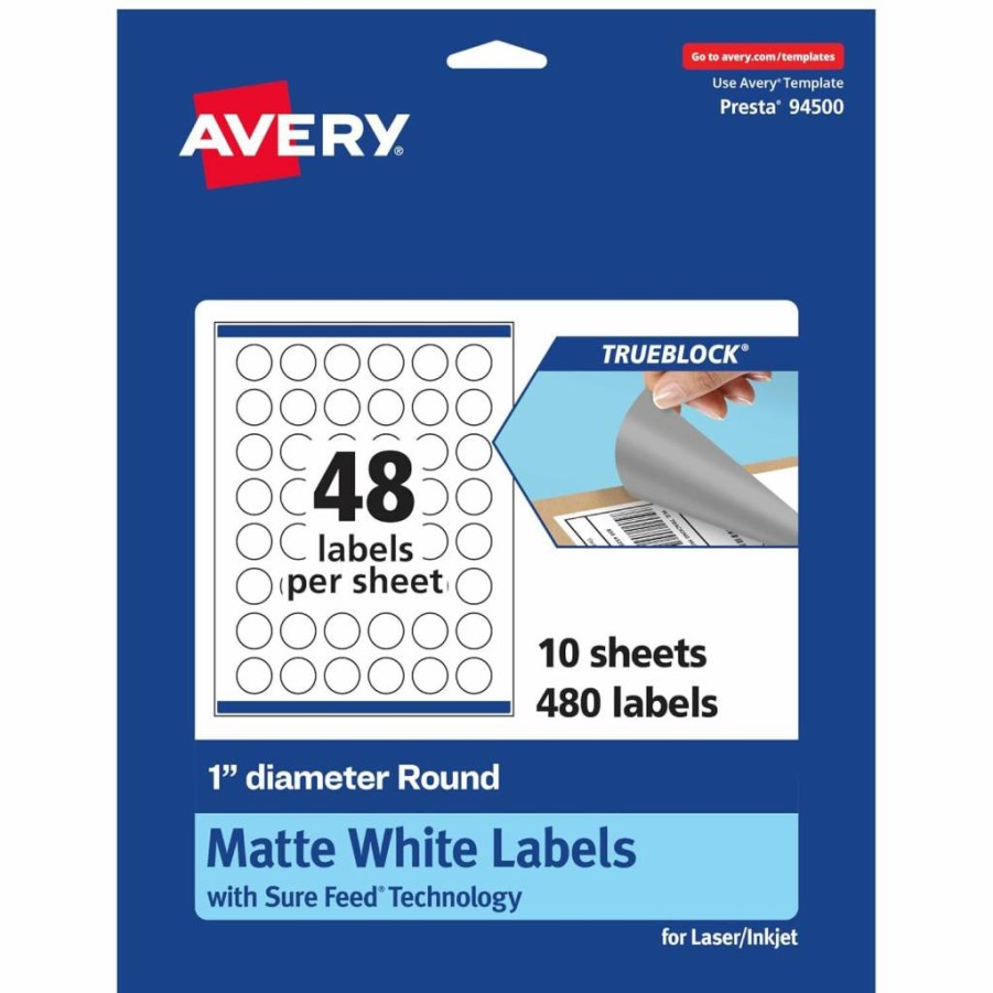 AVERY Trueblock Matte White Round Labels 1" Diameter, 480-Pack, Sure Feed Technology, Laser/Inkjet Printable, Print-To-The-Edge, Water-Resistant, Ideal for Product Stickers & Merchandising