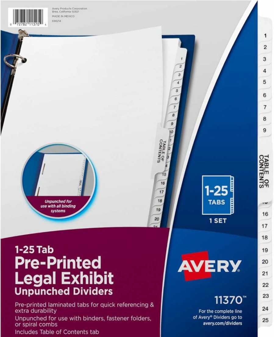 AVERY 11370 Legal Exhibit Binder Dividers with 1-25 Tabs, Table of Contents, 8.5 x 11 Inches, Premium Collated Tabs for Organizers, Avery Style Dividers