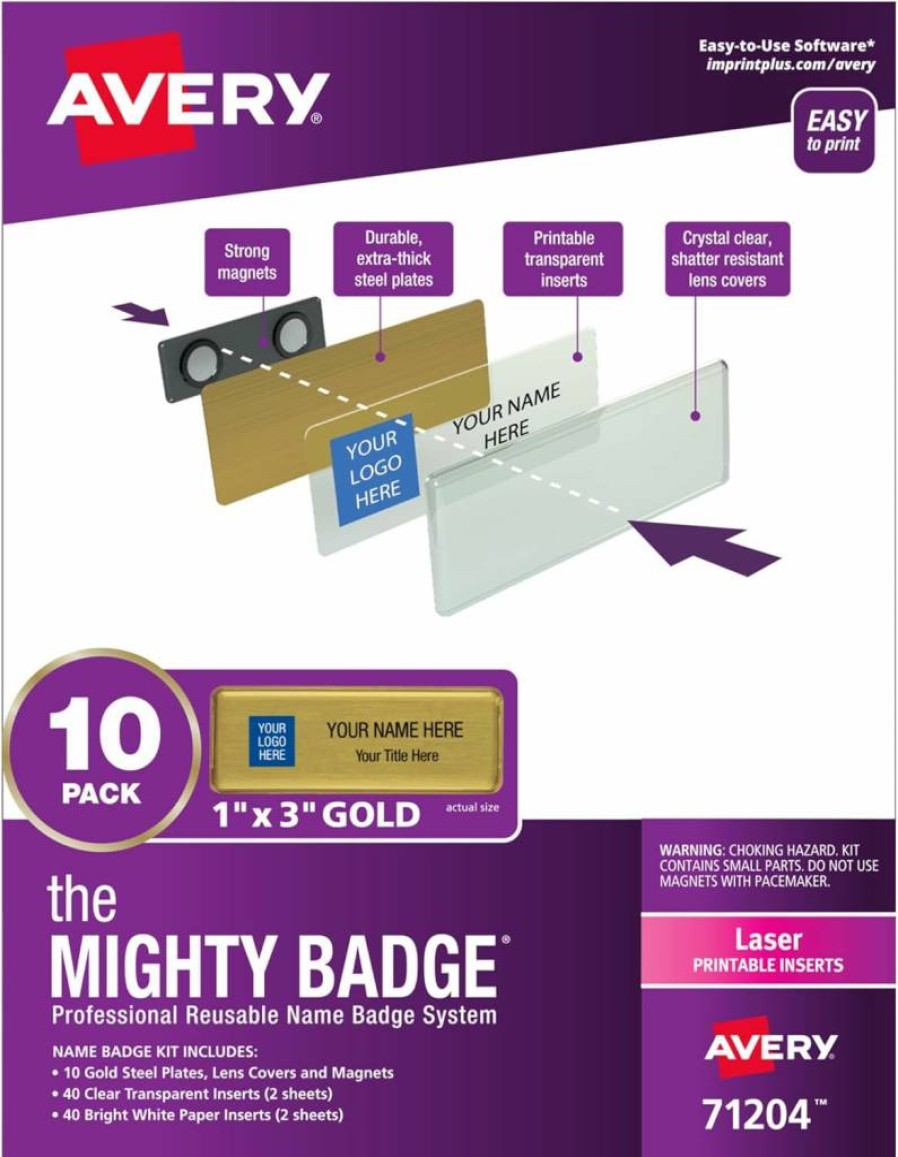 AVERY 71207 Gold Name Tags, 1" x 3" Mighty Badge, 50 ID Badges with 120 Laser Printer Inserts