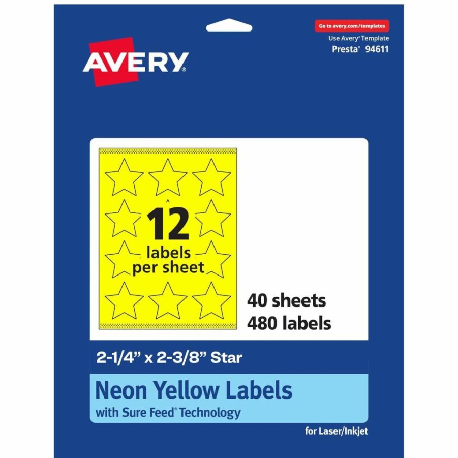 Avery Neon Yellow Printable Star Labels, 2-1/4" x 2-3/8", Sure Feed Technology, 120-Pack for Laser/Inkjet Printing, Perfect for Reward Stickers & Mailing Seals