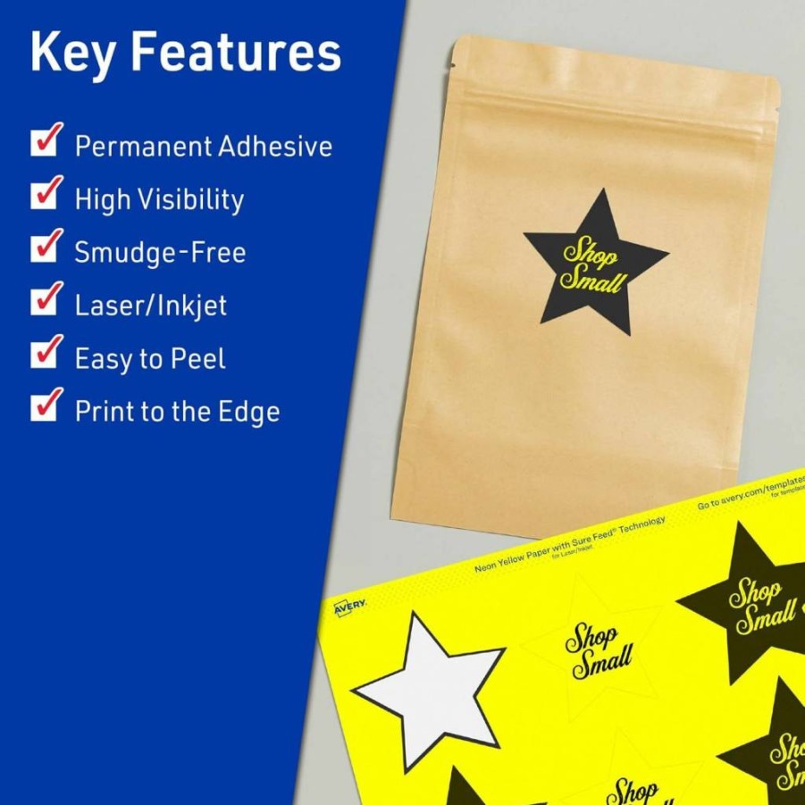 Avery Neon Yellow Printable Star Labels, 2-1/4" x 2-3/8", Sure Feed Technology, 120-Pack for Laser/Inkjet Printing, Perfect for Reward Stickers & Mailing Seals