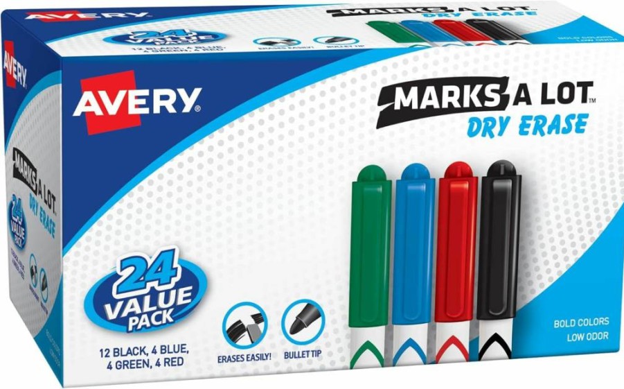 AVERY Dry Erase Markers 24-Pack, Bullet Tip Whiteboard Markers Assorted Colors, Value Pack (29860)