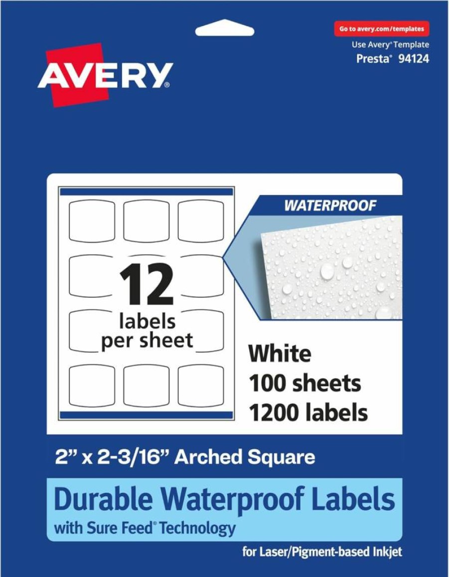Avery Waterproof Labels 2" x 2-3/16" - 120 Pack, Durable Tear-Resistant for Laser/Inkjet Printers, Sure Feed Technology, Print-to-Edge Design
