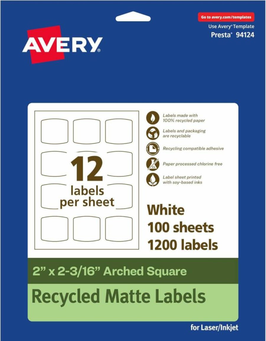 Avery Recycled Matte White Arched Square Labels 2" x 2-3/16" - Eco-Friendly, Permanent Adhesive, Print-To-The-Edge, Laser/Inkjet Printable, 120 Pack