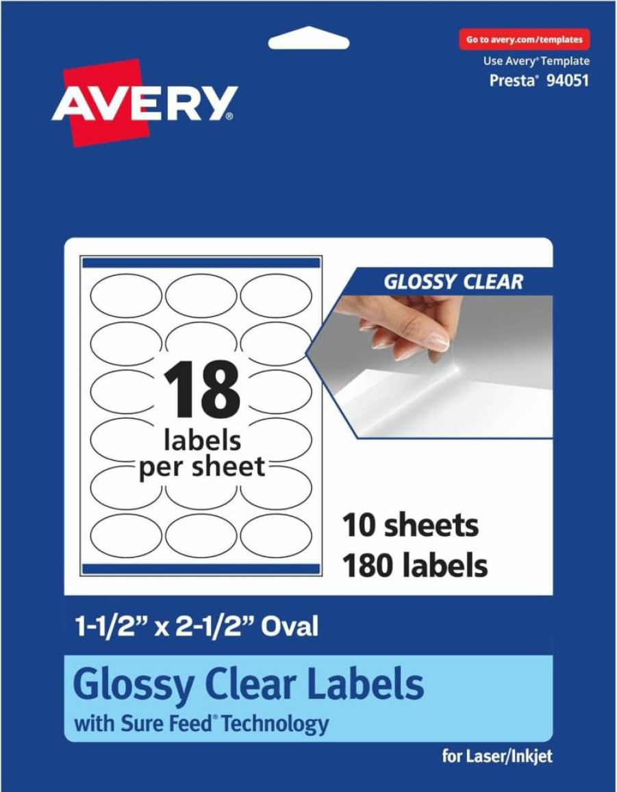 Avery Glossy Clear Oval Labels 1.5" x 2.5" - 180 Pack, Sure Feed Technology, Laser/Inkjet Printable, High-Quality Glossy Finish