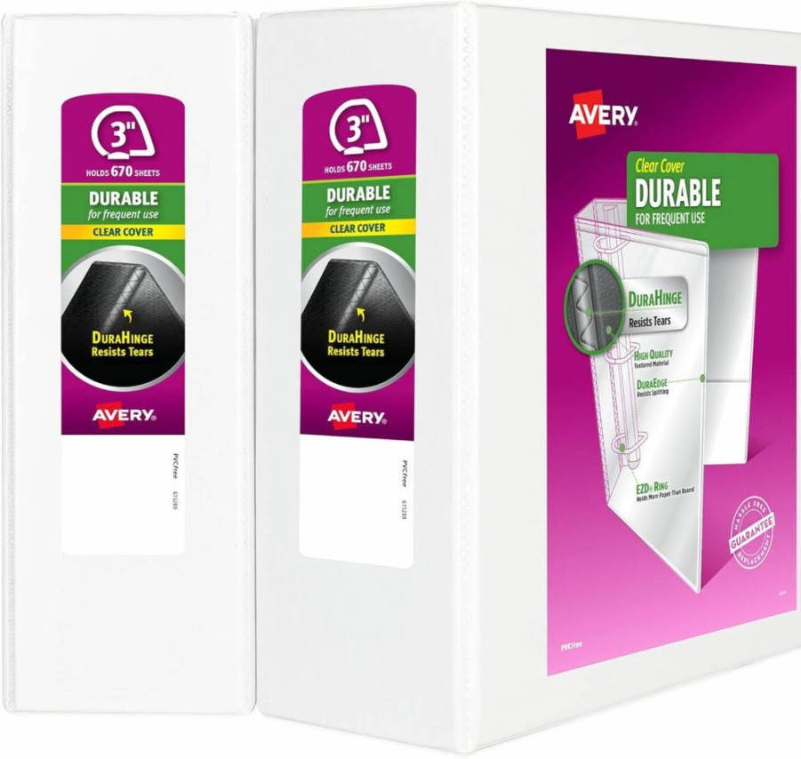 AVERY 3 Inch White 3-Ring Binders with EZD Rings, 6-Pack (09701) Durable for Office & School