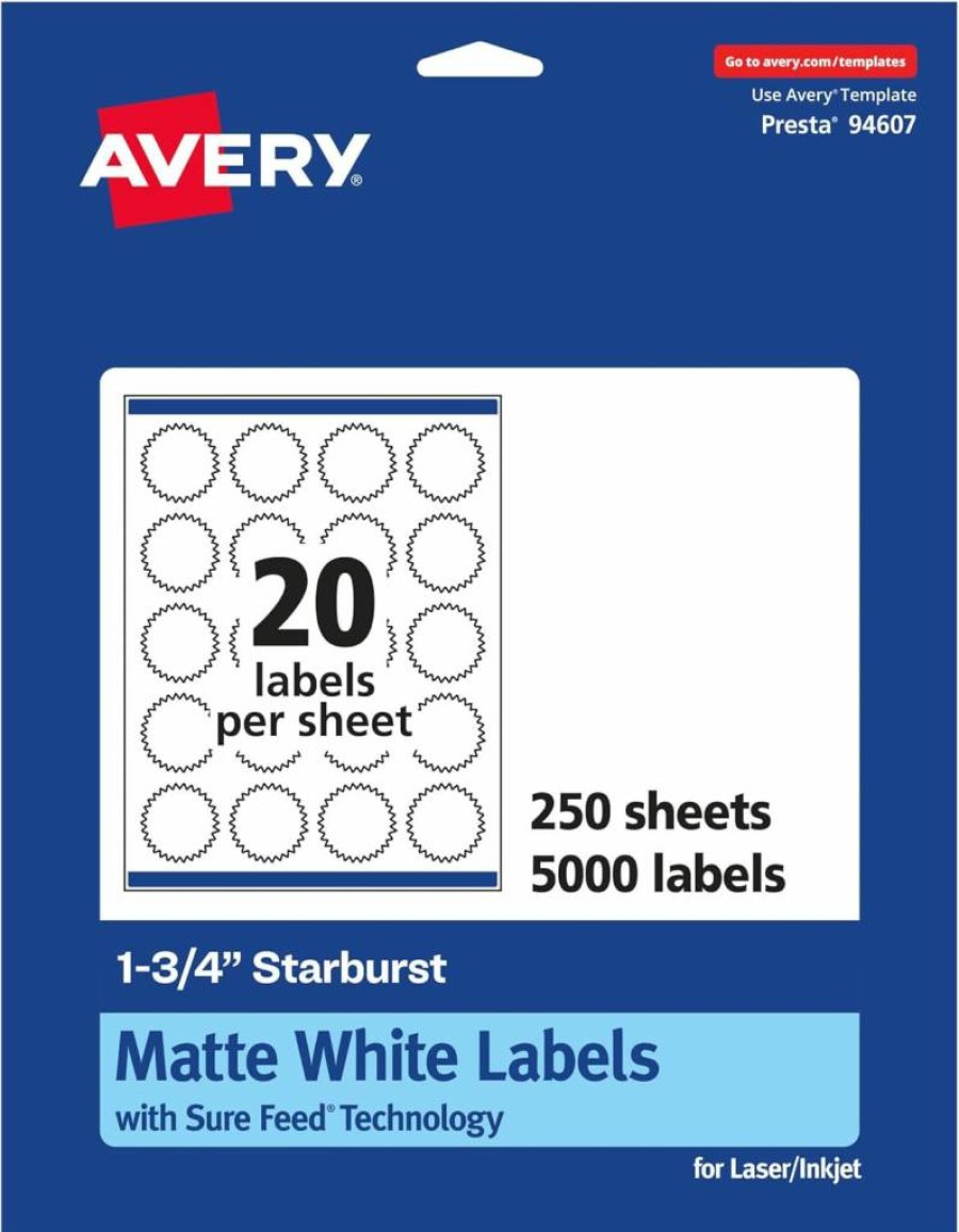 Avery Matte White Starburst Labels 1.75" - 500 Pack, Sure Feed Technology, Printable Address Labels for Laser/Inkjet Printers