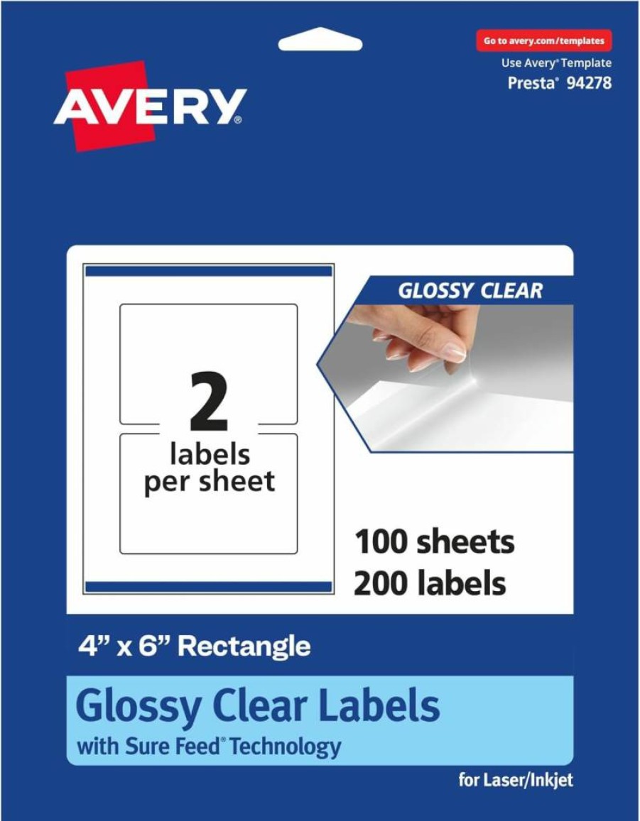 Avery Glossy Clear Rectangle Labels 4" x 6" - 20-Pack with Sure Feed Technology, Print-to-the-Edge for Laser/Inkjet Printers