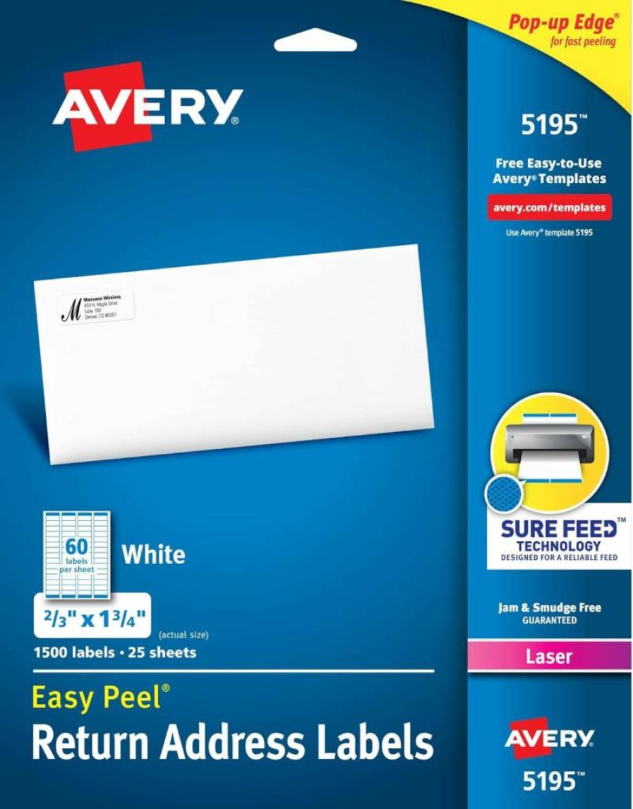 Avery 05195 Printable Return Address Labels, 2/3" x 1-3/4", White, 1,500 Blank Mailing Labels with Sure Feed Technology