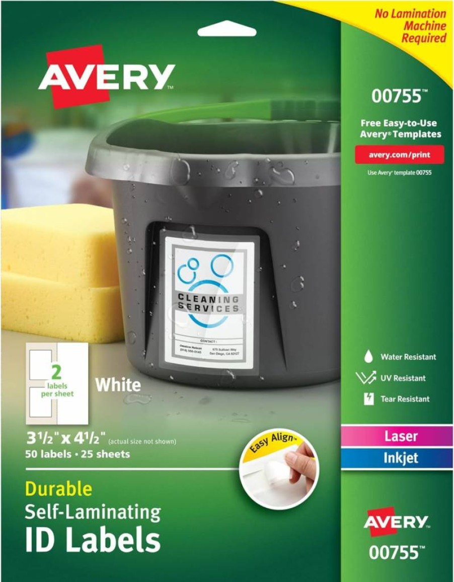 AVERY 00755 Self-Laminating ID Labels for Laser/Inkjet Printers, 3.5" x 4.5" White, Easy Align Design, Pack of 50 Sheets