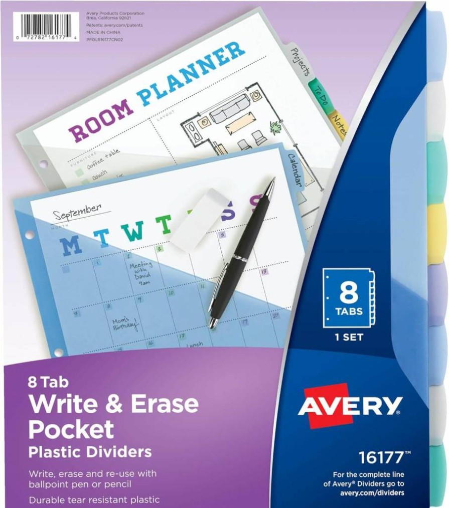 AVERY Write & Erase Plastic Binder Dividers, 8-Tab Multicolor Set, Reusable Tabs Extend Beyond Sheet Protectors, 1 Pack (16177)